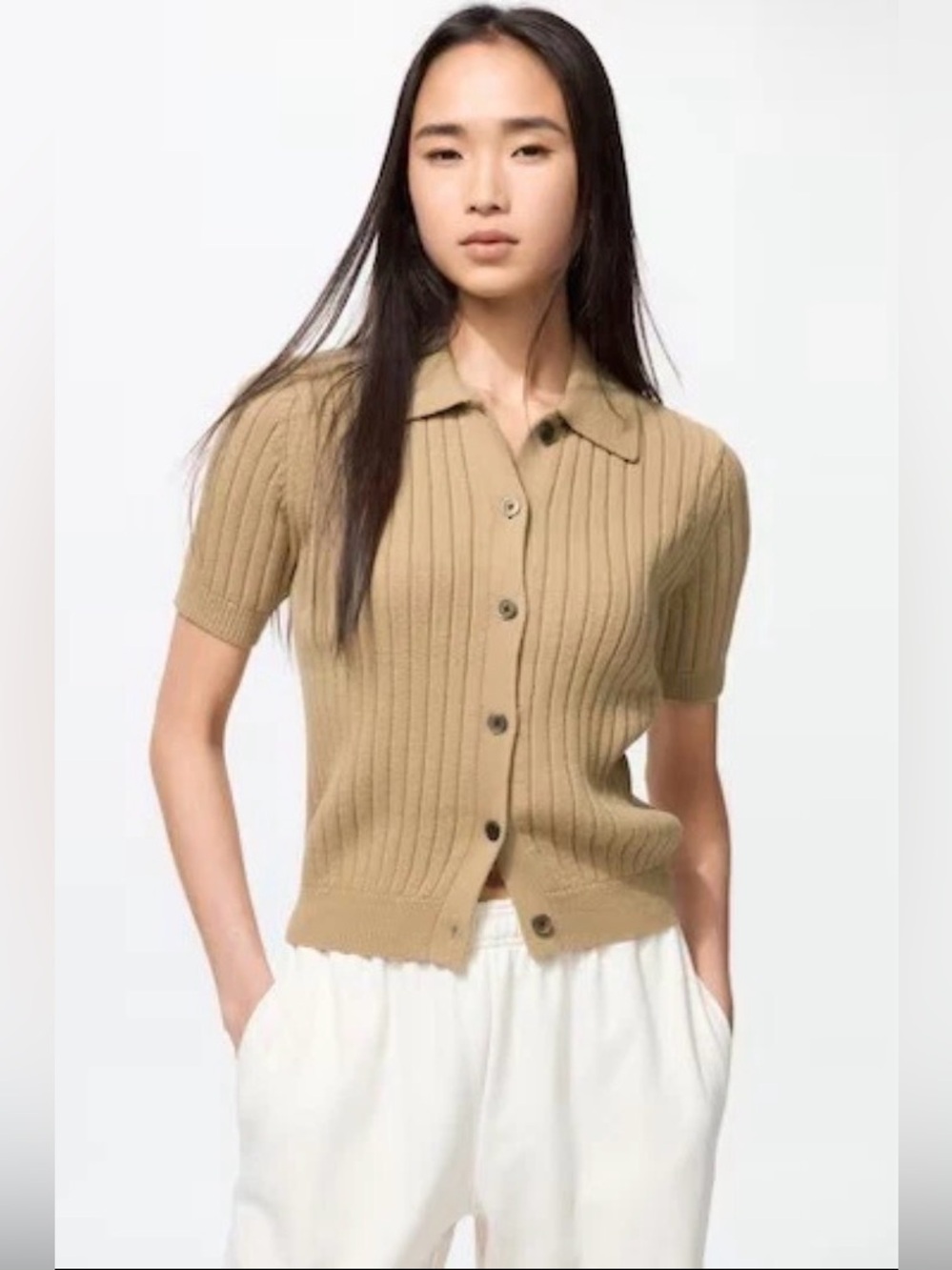 Uniqlo Ribbed Short-Sleeve Button-Up Sweater in Camel